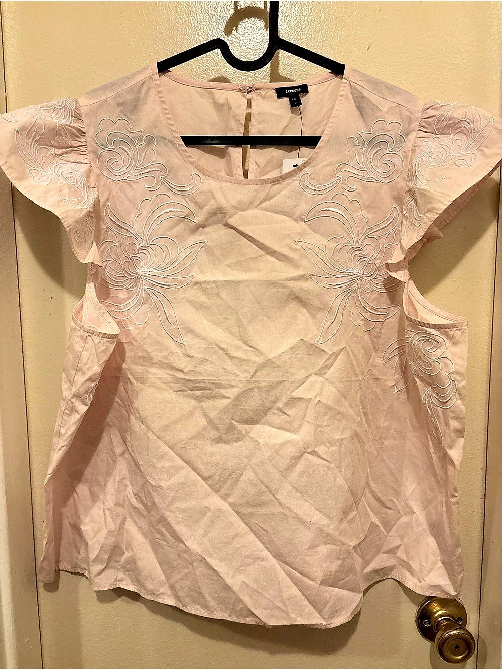Express Poplin Embroidered Flutter Sleeve Top Pink XL